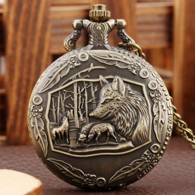 China Best Gift Awesome Animal Quartz Clock Men Women Pendant Antique Fashion Wolf Retro Bronze Pocket Watch Wild Creative With Necklace Chain for sale