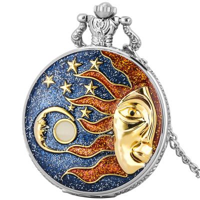 China Vintage Quartz Clock Antique Steampunk FOB Chain The Fantasy Starry Sky Universe Vast Sun Faced Pocket Watches for sale