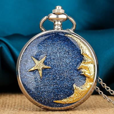 China Vintage Antique Handcraft The Unique Blue Starry Starry Half Moon Necklace Pendant Sky Classic Pocket Watch For Girl Lady for sale