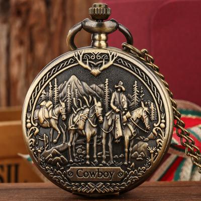 China New Vintage Antique Vintage Analog Pendant Chain Clock Unisex Pendant Bronze Cowboy Horse Quartz Pocket Watches for sale