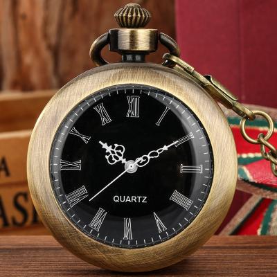 China Roman Numerals Dial Vintage Pendant Steampunk Vintage Antique Style Mens Womens Black Quartz Pocket Watch With 47Cm Chain for sale