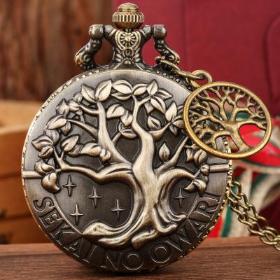 China Bronze Quartz Pocket Watch Roman Numerals Display Vintage Necklace Life Antique Tree Carving Relief Clock With Hanging Charm for sale