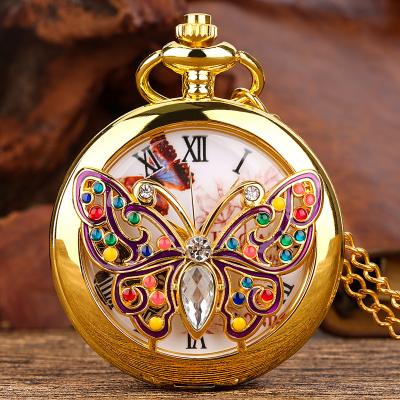 China Modern Best Gift Retro Chain Clock Jewelry Gold Dragonfly Butterfly Necklace Exquisite Pocket Watch With Rhinestone For Wife Friend for sale