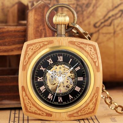 China Luxury Antique Roman Numerals Display Skeleton Self-Wind Classic Bamboo Wood Open Mechanical Watches Face Square Pocket Clock for sale