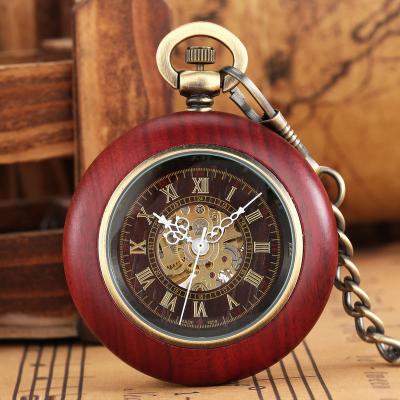 China Vintage Antique Red Wooden Case Open Face Clock Self Wind Automatic FOB Unisex Chained FOB Open Pocket Watch For Women Men for sale