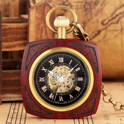 China Antique Square Case Chain Clock Roman Numerals Pendant Automatic Mechanical Red Wood Pocket Watch For Women Men Gifts for sale