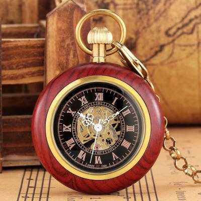 China RELOJ DE BOLSILLO Vintage Antique Red Wooden Clock Unisex Gift Wooden Automatic Mechanical Pocket Watch With Open Face Chain FOB for sale