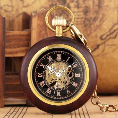 China Antique Unique Steampunk Self-winding Skeleton FOB Chain Watches Wooden Case Mechanical Pocket Watch For Women Men for sale