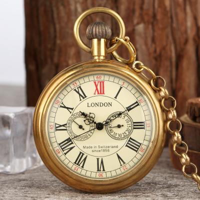 China Antique London 1856's Lidless 24 Hours Copper Roman Numerals Skeleton Mechanical Old Pocket Watch With Chronograph for sale