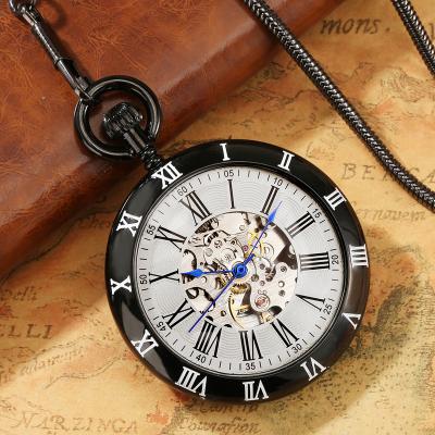 China Antique High Quality Luxury Copper Watch Men FOB Roman Numbers Clock Black Automatic Chain Mechanical Pocket Watch for sale