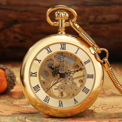 China Antique Gold Steampunk Copper Skeleton Chains FOB Clips Synchronize Roman Mechanical Pocket Watches Classic For Men Relogio Gifts for sale