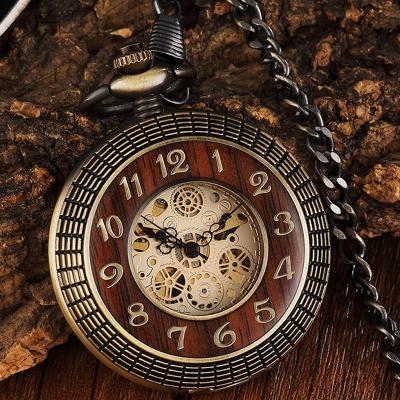 China Unique Antique Wooden Clock FOB Vintage Dial Gear Circle Bronze Bronze Skeleton Pocket Watch Mechanical Steampunk For Women Men for sale