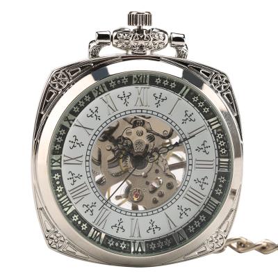 China Mechanical Open Roman Numerals Hanging Chain Timepiece Antique Manual Open Silver Square Clock Equipment Size Husband Pocket Watch for sale