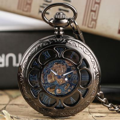 China Modern Mechanical Watches Black Stainless Steel Digital Pocket Watch Hollow Flower Hand Wrapping Pendant Chain For Men for sale