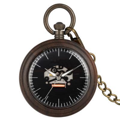 China Antique Ebony Pocket Watch Special Elegant Hollow-out Pocket Watch Indicators Wooden Luminous Necklace Pendant Chain for sale