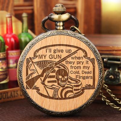 China Custom Antique Old Fashion Keepsake Gift Clock Pendant I Will Give Up My Gun Skull Design Pocket Watch With Bronze Chain for sale