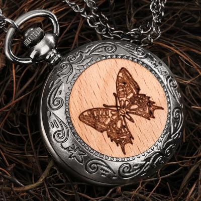 China New Arrival Antique Unique Vintage Necklace Pendant Butterfly Engraved Wooden Chip Cover Quartz Pocket Watches For Gift for sale