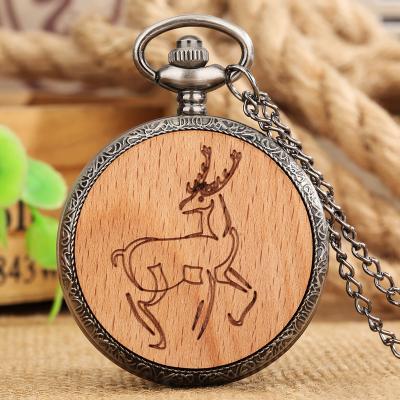 China Retro Fashion Antique Pendant Necklace Arabic Numerals Dial Engraved Deer Pat Quartz Pocket Watch For Men Women Gift for sale