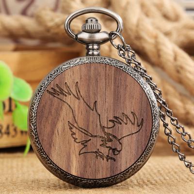 China Vintage Antique Clock Necklace Pendant Eagle Pattern Carving Case Pocket Walnut Wood Pendant Watch For Gift Shop for sale