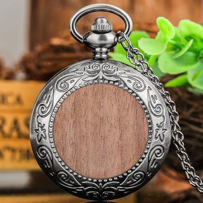 China Retro Style Steampunk White Collar FOB Antique Pendant Clock Wooden Cover Gray Pocket Watch With Chain for sale