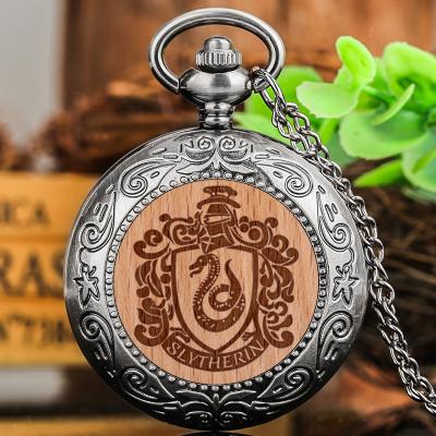 China Harry Movie Hogwarts College Theme Quartz Bronze Pendant Clock Long Chain Pocket Watch Antique Men's Watch Necklace Gifts for sale