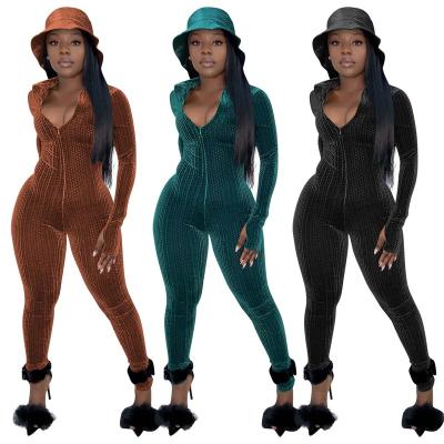 China BAZAI Anti-wrinkle autumn winter women's clothing bodycon overalls jumpsuit 2021 hot sale winter suede V-neck sportswear overalls for sale