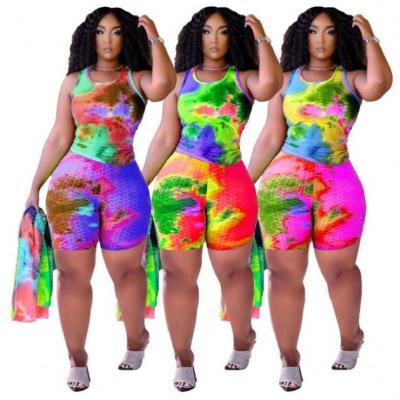 China BAZAI Top Quality Anti-pilling Vest And Shorts Tie Dye Colored Waffle Stretchy Two Piece Short Pants Set Women Clothing for sale