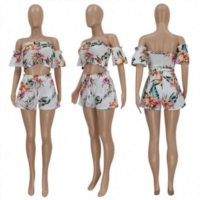 China Anti-pilling newest BAZAI design off the shoulder 2 piece set women's tropical floral print short sets two piece women's clothing for sale