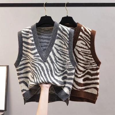 China New Fashion Women V Neck Knitted Vest Breathable Korean Zebra Pattern Sleeveless Sweaters Vest For Outwear Spring 2021 Autumn for sale