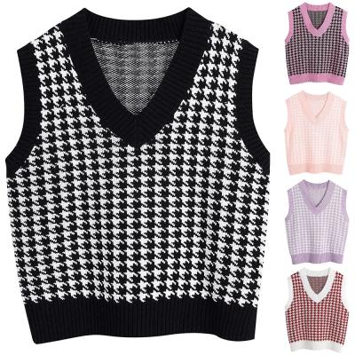 China V-Neck Sleeveless Autumn Sweater Tops Women's Casual Korean Vintage Oversized Sweater Women 2021 Breathable Plaid Knitted Sweater Vest for sale