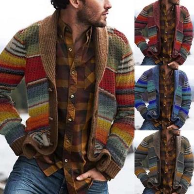 China Men's Autumn Winter Open Front Cardigan Anti-pilling Stripes Long Sleeve Knitted Coat Jacket for sale