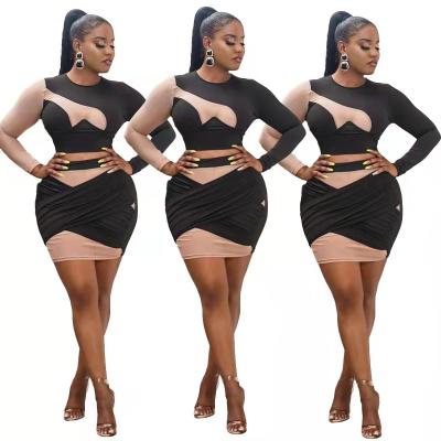 China Anti-wrinkle women fashion plus size dress two pieces set full sleeve crop top bottom skirts outfit female clothing for sale