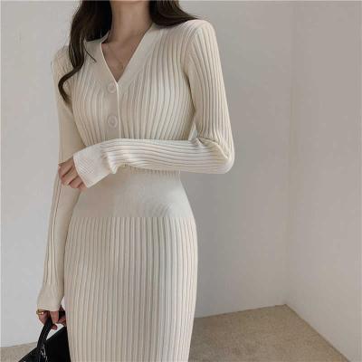 China Autumn Winter Women Woolen V-Neckline Anti-wrinkle Knitted Elegant Ladies Dresses Long Sleeve Party White Casual Dress for sale