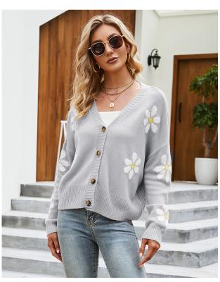 China Sun Flower Breathable Jacquard Long Sleeve Short Knitted Cardigan Sweater For Women for sale