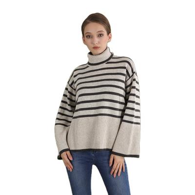 China Breathable High-end Plain Knitted Striped Sweater High-neck Bat Sleeve Design Is Slim Cardigan Sweater for sale