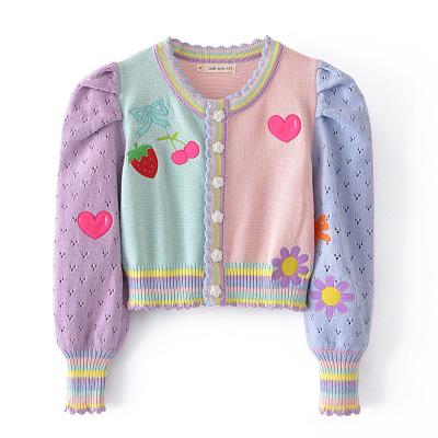 China 2022 Loose Wear Breathable Vintage Women Sweater Coat Cherry Embroidered Knit Cardigan Embroidery Sweater for sale