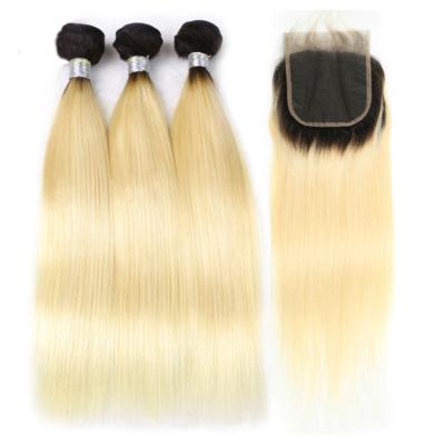 China Factory Low Price Virgin Hair Raw Indian Hair Silky Straight 1B/613 Ombre Wave Color Hair Bundles With 4x4 Lace Up Closure for sale