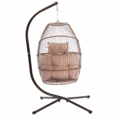 China Mail Packing Foldable Patio Swing Hanging Chair with Stand Rattan Hanging Round Chair for sale