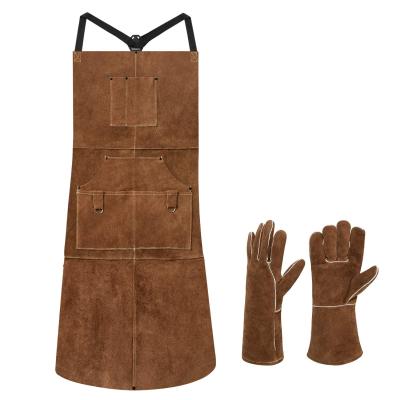 China Welder Working Safety Glove Heat Resistant Apron Set Brown Leather Welding Handschuhe for sale