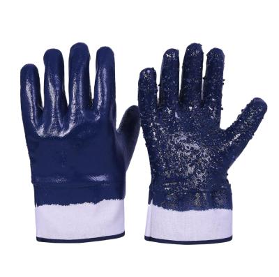 China Anti Slip Cuff Predator Safety Oilproof Acid Blue Nitrile Dipped Gloves With Anti Slip Stitches for sale