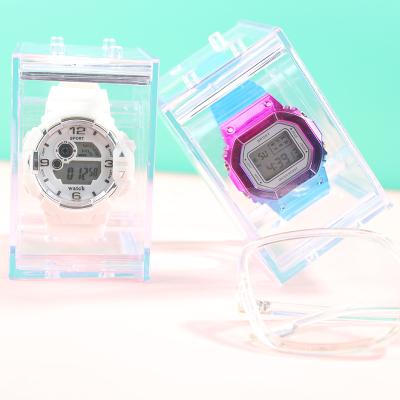 China Rectangular Decoration High-grade Transparent Male / Female Acrylic Slide Hook Electronic Watch Packaging Display Box for sale