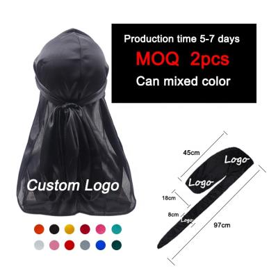 China Custom Printed Designer Multifunctional Wide Durags Stretchable Smooth Durag Tails Dorags Headwear MOQ 2pcs Silk Durags for sale