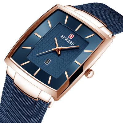 China New 2022 Day/Date Fashion Business Men's Watch Stainless Steel Mesh Strap Quartz Watch Men's Waterproof Square Calendar Watch for sale