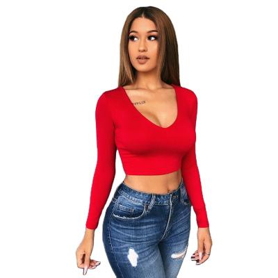 China European and American Anti-wrinkle women's solid color bottoming shirt sexy ultra-short tight-fitting long-sleeved T-shirt for sale