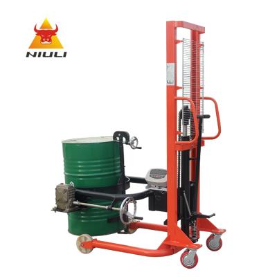 China NIULI Industrial Sized Material Handling Equipment Barrel Oil Drum Trolley Manual Oil Drum Stacker Hydraulic Drum Lifter with Scale for sale