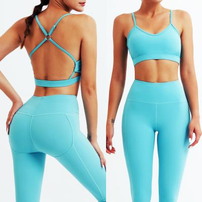 China Breathable High Waist Gaiters And Yoga Bra Suit Backless Yoga Sets Fitness Workout Spaghetti Straps Sportswear for sale