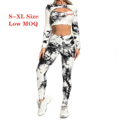 China Breathable Women Sportswear Tie Dye Stretch 2 Piece Breathable Outdoor Running Yoga Set Long Sleeve Tie Dye Yoga Set for sale