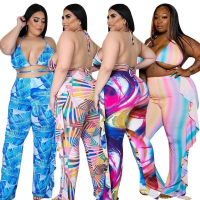 China Plus Size XL-4XL Breathable Multicolor Stripes Printing Ruffle Swimwear 2 Piece Bikini With Pants Swimwear 2021 Women for sale