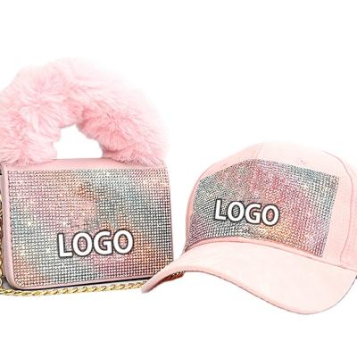 China Fashion Custom Logo Women Fashion Fur Rainbow Matching Designer Purse Handbags and Hat Sets Famous Brands Chain Cross - Body Bags for sale