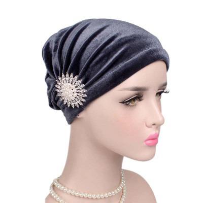 China New style soft noble soft flannel turban cap chemotherapy hat alloy drill turban hat retro for sale